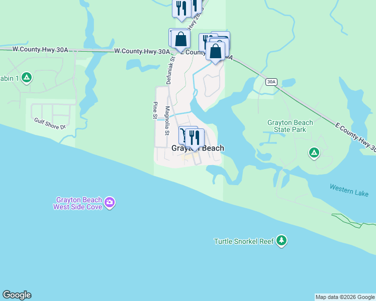 map of restaurants, bars, coffee shops, grocery stores, and more near 505 Defuniak Street in Santa Rosa Beach