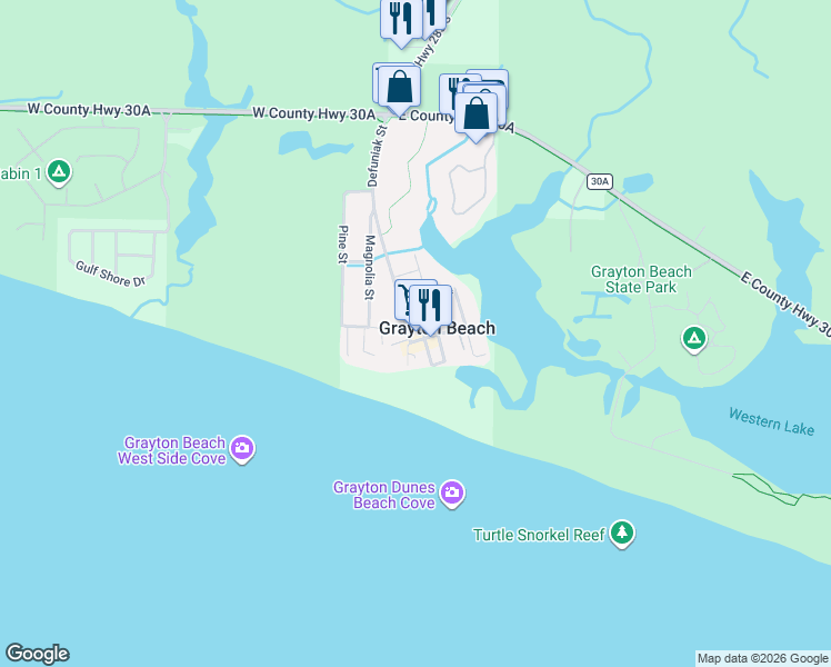 map of restaurants, bars, coffee shops, grocery stores, and more near 505 Defuniak Street in Santa Rosa Beach