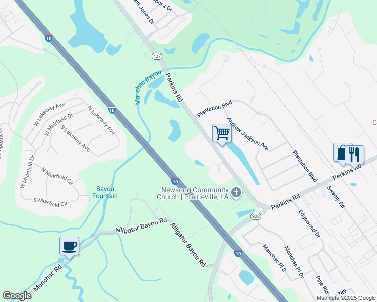 map of restaurants, bars, coffee shops, grocery stores, and more near 18639 Perkins Road in Prairieville