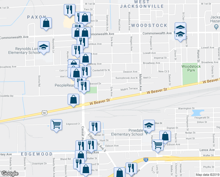 map of restaurants, bars, coffee shops, grocery stores, and more near 3403 Greenbrier Drive in Jacksonville