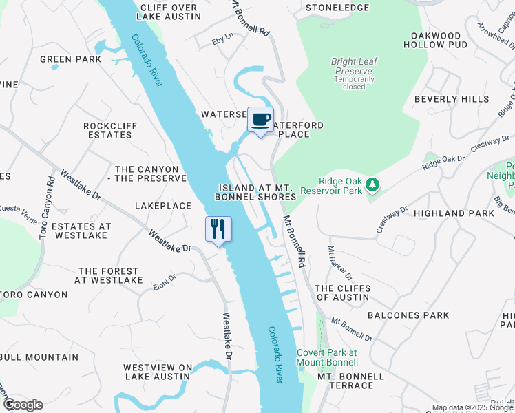 map of restaurants, bars, coffee shops, grocery stores, and more near 4407 Island Cove in Austin