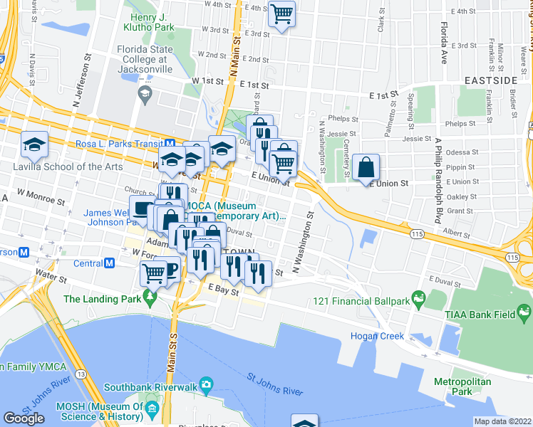 map of restaurants, bars, coffee shops, grocery stores, and more near 318 East Ashley Street in Jacksonville