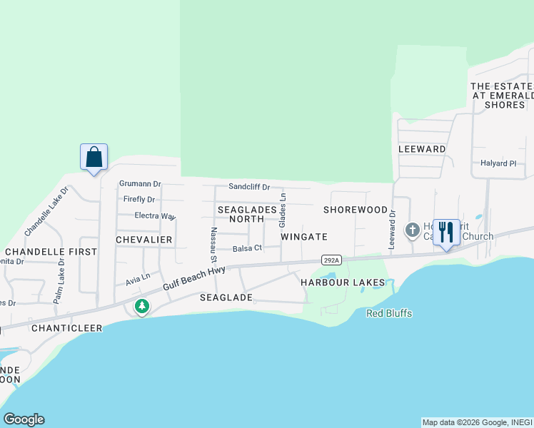 map of restaurants, bars, coffee shops, grocery stores, and more near 1206 Bartram Lane in Pensacola