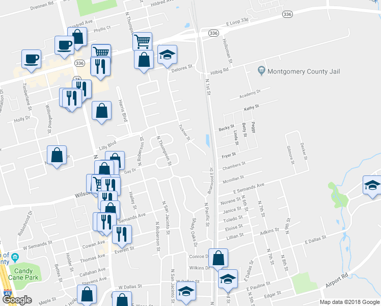 map of restaurants, bars, coffee shops, grocery stores, and more near 12 Hancock Street in Conroe