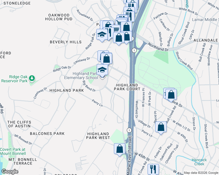 map of restaurants, bars, coffee shops, grocery stores, and more near 3204 Highland Terrace West in Austin