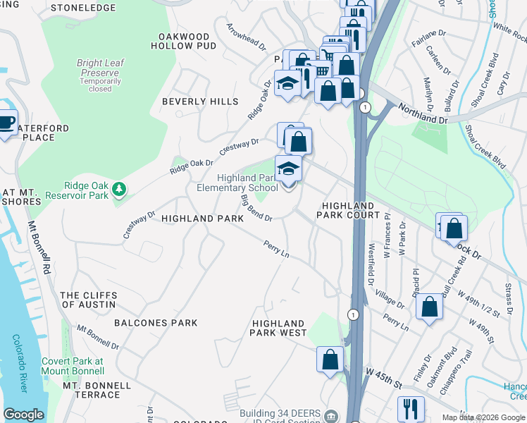 map of restaurants, bars, coffee shops, grocery stores, and more near 3306 Big Bend Drive in Austin
