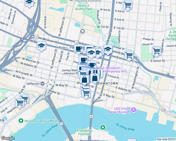 map of restaurants, bars, coffee shops, grocery stores, and more near 117 West Duval Street in Jacksonville