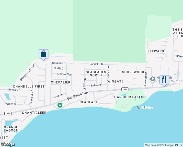 map of restaurants, bars, coffee shops, grocery stores, and more near 1445 Cacao Lane in Pensacola