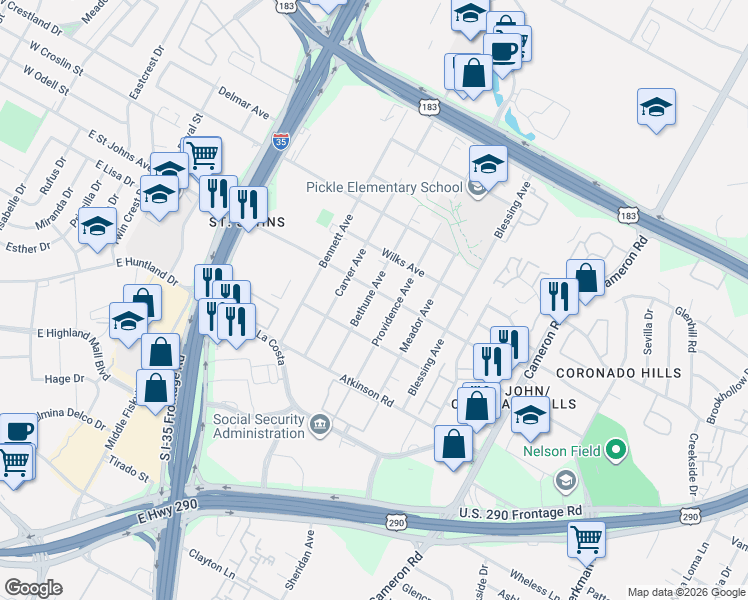 map of restaurants, bars, coffee shops, grocery stores, and more near 7107 Bethune Avenue in Austin