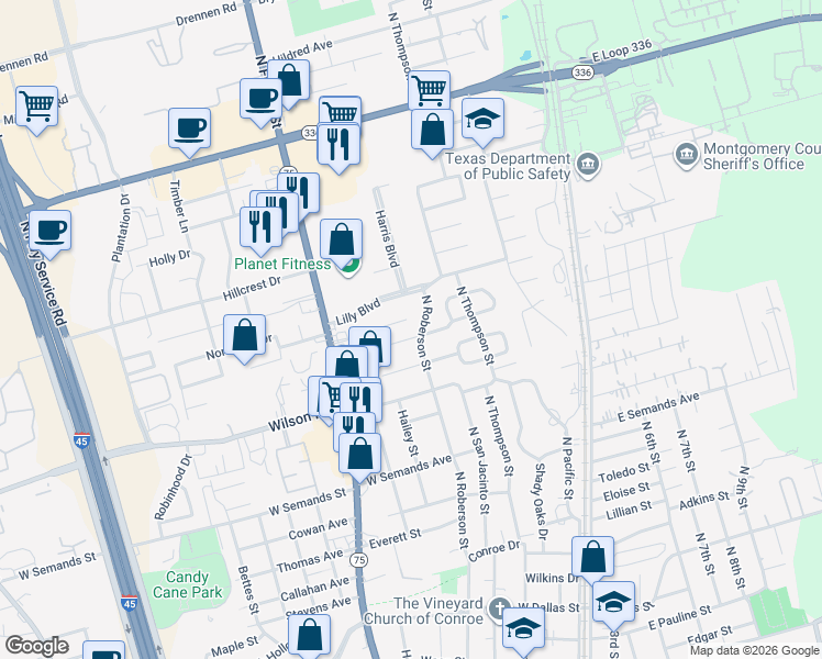 map of restaurants, bars, coffee shops, grocery stores, and more near 504 Billie Bess Lane in Conroe