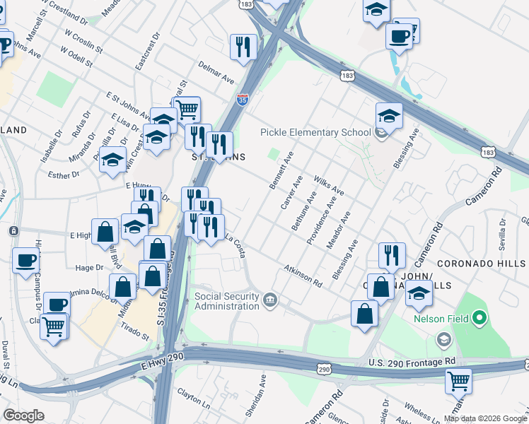 map of restaurants, bars, coffee shops, grocery stores, and more near 7003 Bennett Avenue in Austin