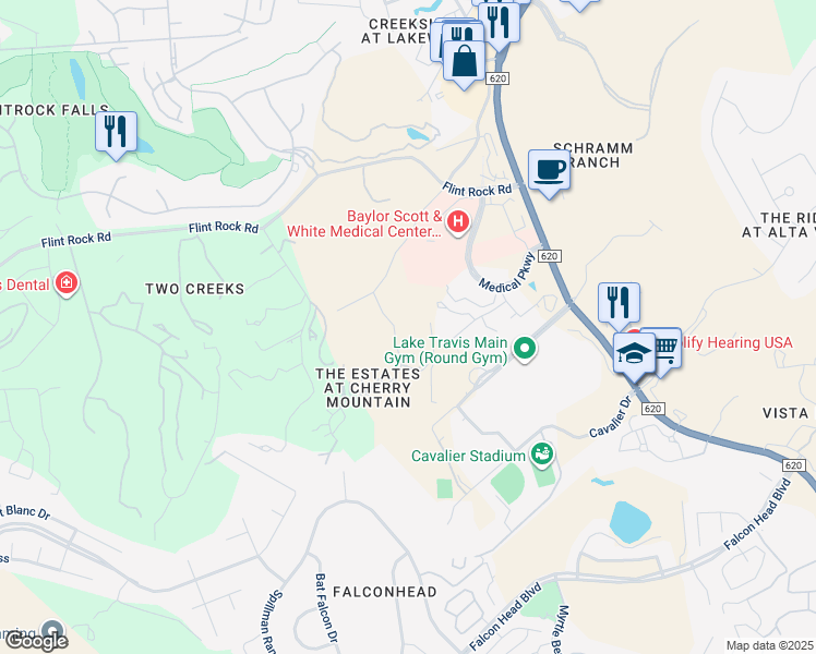 map of restaurants, bars, coffee shops, grocery stores, and more near 3609 Peak Lookout Drive in Austin