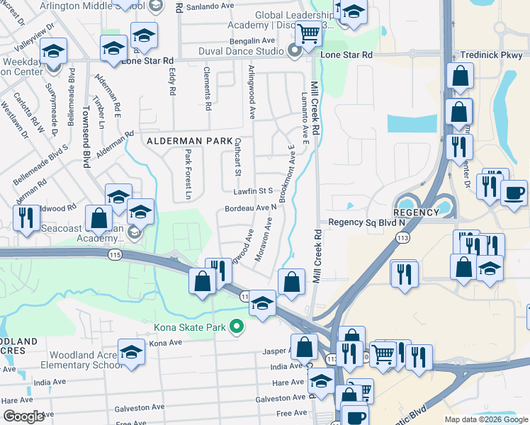 map of restaurants, bars, coffee shops, grocery stores, and more near 1010 Arlingwood Avenue in Jacksonville