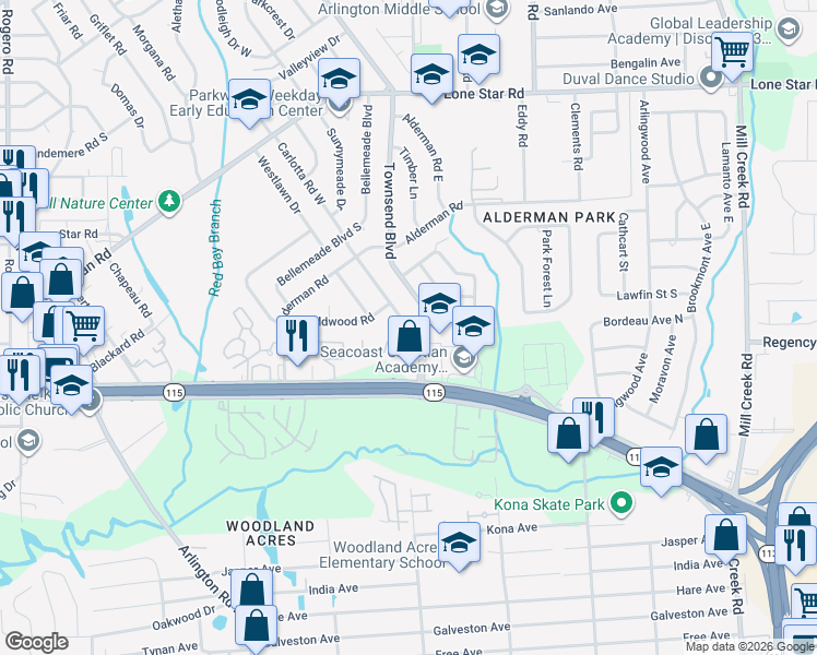 map of restaurants, bars, coffee shops, grocery stores, and more near 904 Townsend Boulevard in Jacksonville