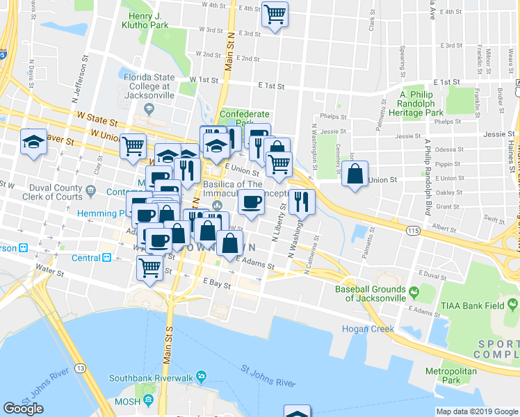 map of restaurants, bars, coffee shops, grocery stores, and more near 318 East Ashley Street in Jacksonville