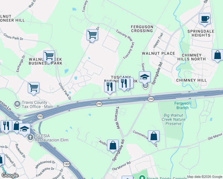 map of restaurants, bars, coffee shops, grocery stores, and more near 8314 Tuscany Way in Austin
