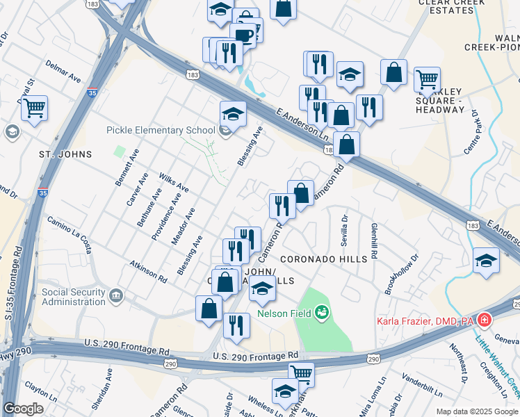 map of restaurants, bars, coffee shops, grocery stores, and more near 1304 Mckie Cove in Austin