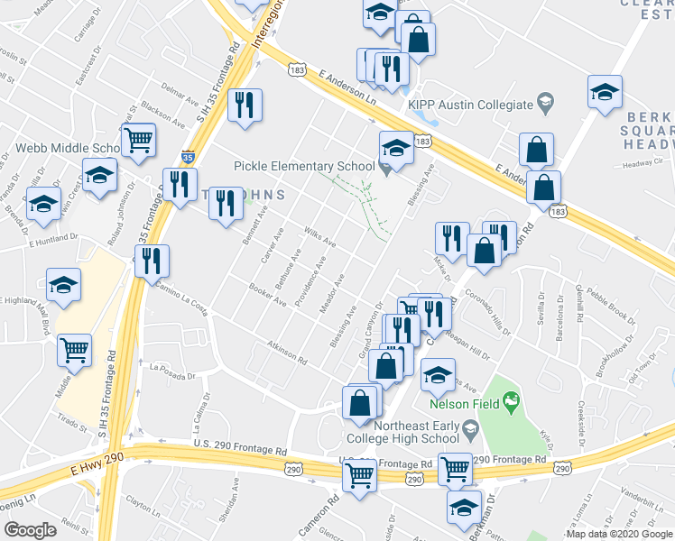 map of restaurants, bars, coffee shops, grocery stores, and more near 7211 Providence Avenue in Austin