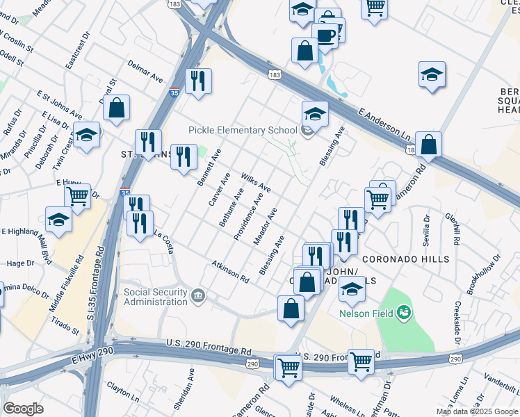 map of restaurants, bars, coffee shops, grocery stores, and more near 7211 Providence Avenue in Austin