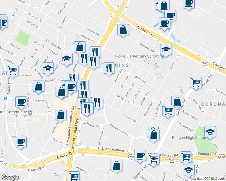 map of restaurants, bars, coffee shops, grocery stores, and more near 7007 Bennett Avenue in Austin