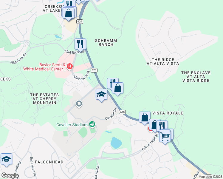 map of restaurants, bars, coffee shops, grocery stores, and more near 112 Aria Ridge in Lakeway