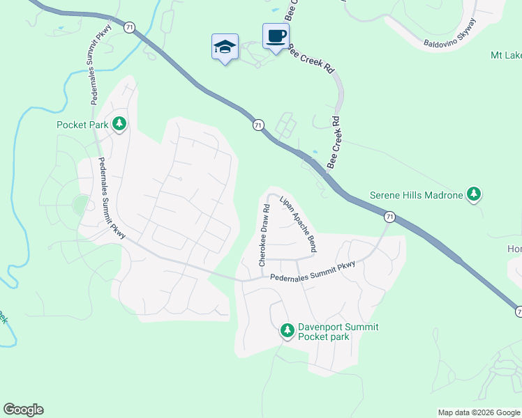 map of restaurants, bars, coffee shops, grocery stores, and more near 5413 Cherokee Draw Road in Austin