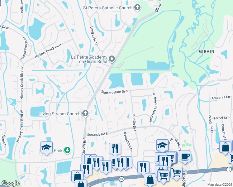 map of restaurants, bars, coffee shops, grocery stores, and more near 13005 Staffordshire Drive South in Jacksonville