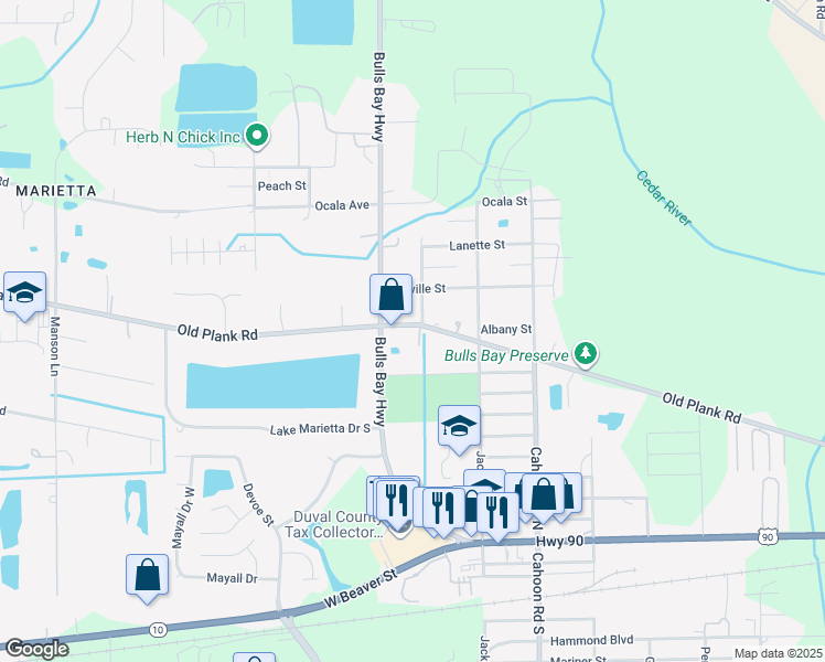 map of restaurants, bars, coffee shops, grocery stores, and more near 8310 Old Plank Road in Jacksonville