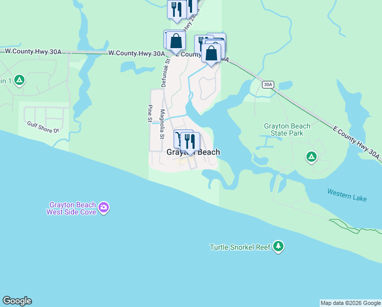 map of restaurants, bars, coffee shops, grocery stores, and more near 505 Defuniak Street in Santa Rosa Beach