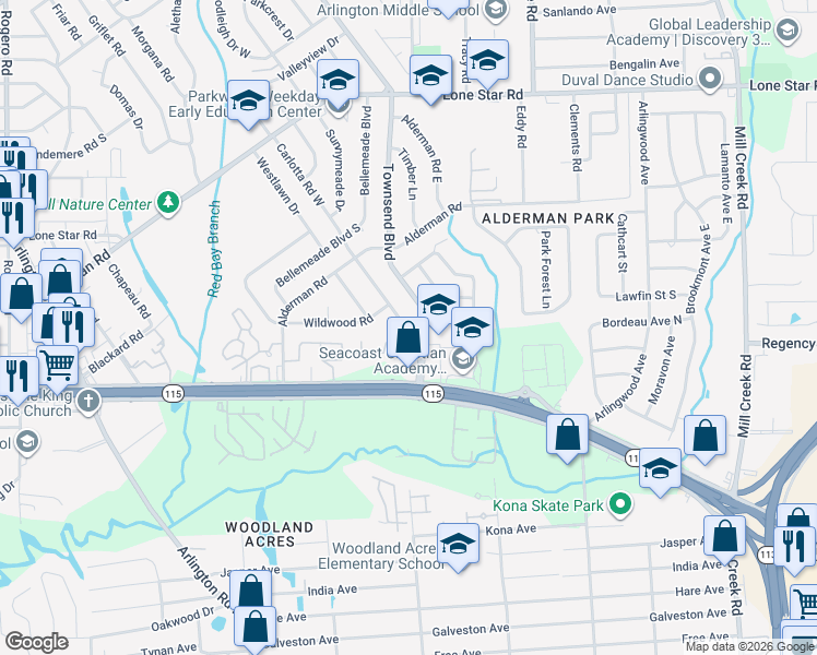 map of restaurants, bars, coffee shops, grocery stores, and more near 904 Townsend Boulevard in Jacksonville