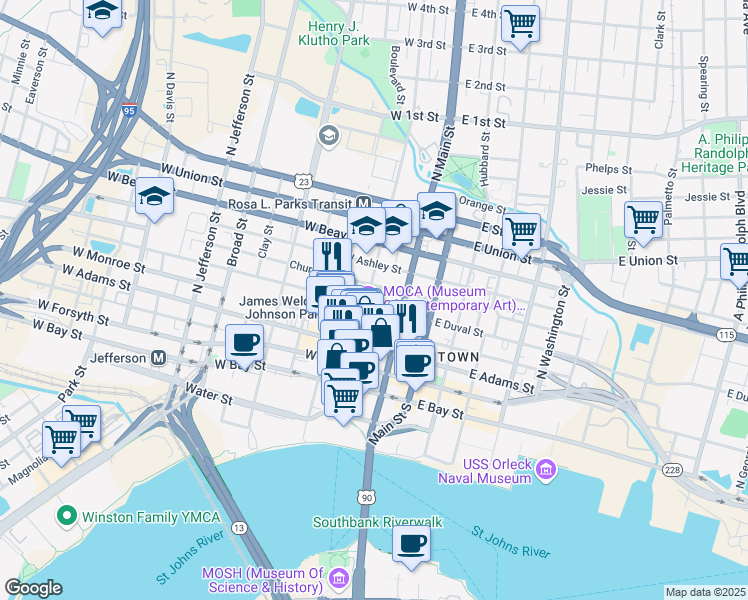 map of restaurants, bars, coffee shops, grocery stores, and more near 407 North Laura Street in Jacksonville