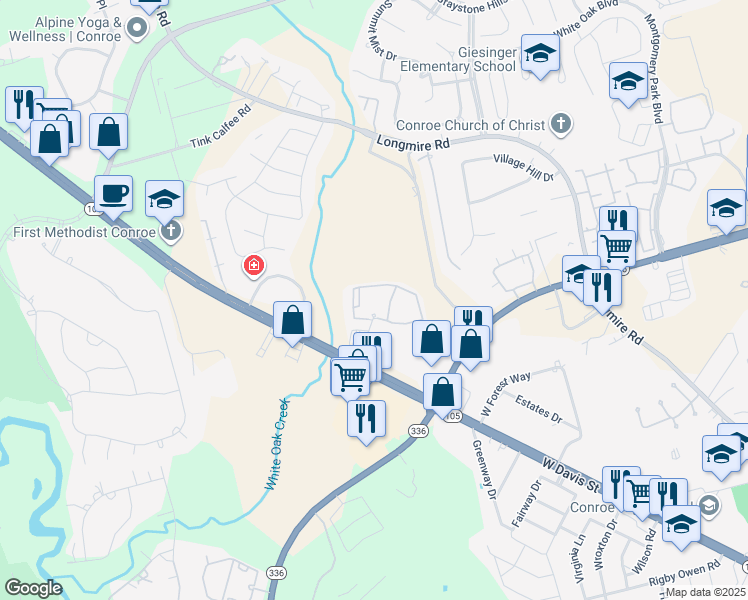 map of restaurants, bars, coffee shops, grocery stores, and more near 200 Fountains Lane in Conroe