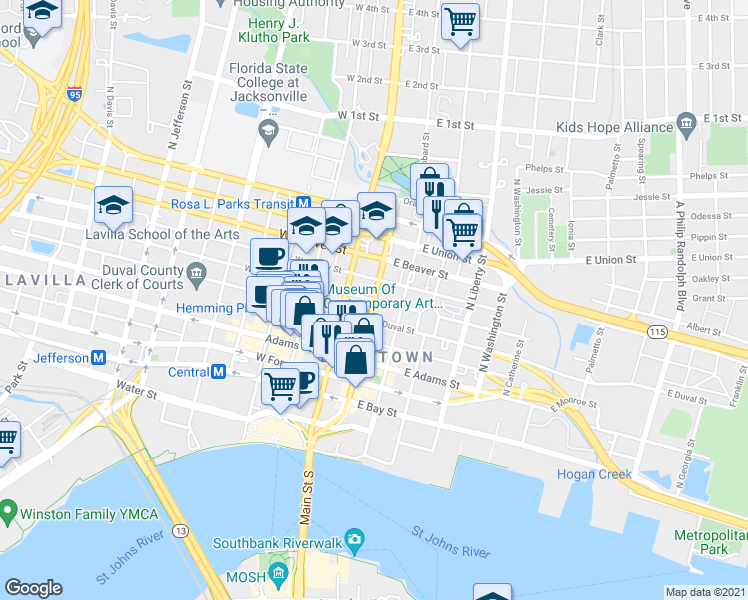 map of restaurants, bars, coffee shops, grocery stores, and more near Ocean St & E Church St in Jacksonville