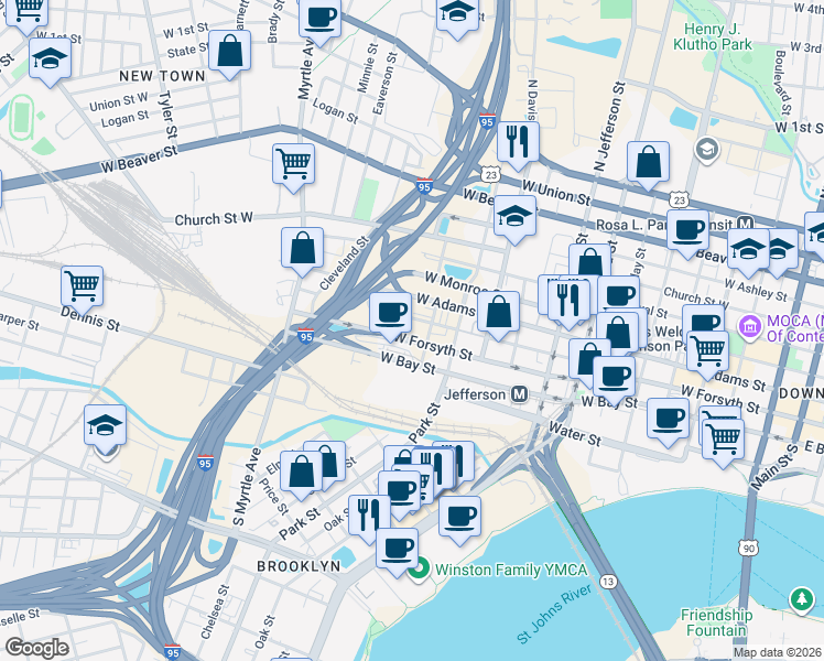 map of restaurants, bars, coffee shops, grocery stores, and more near 1-99 Stuart St in Jacksonville