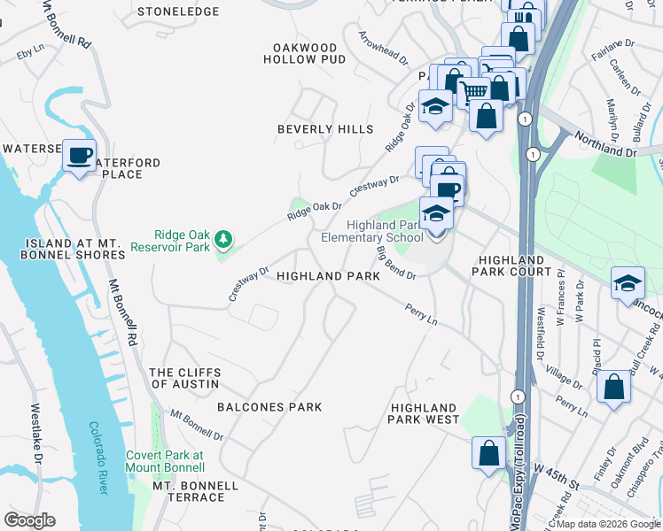 map of restaurants, bars, coffee shops, grocery stores, and more near 3400 Perry Lane in Austin