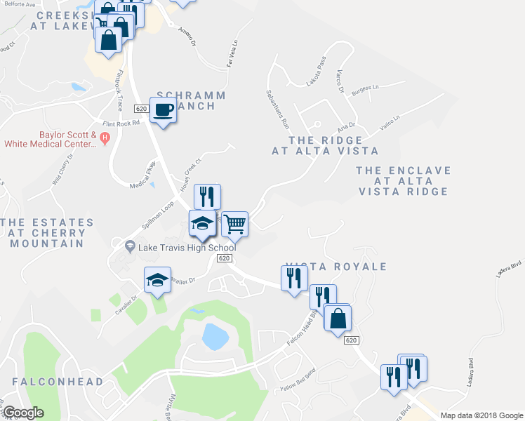 map of restaurants, bars, coffee shops, grocery stores, and more near 220 Sunrise Ridge Loop in Lakeway
