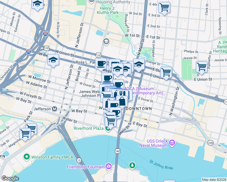 map of restaurants, bars, coffee shops, grocery stores, and more near in Jacksonville