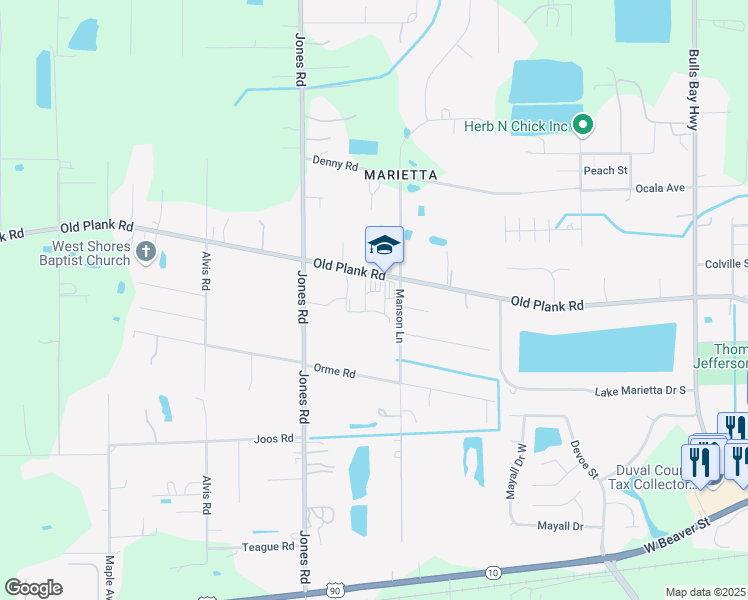 map of restaurants, bars, coffee shops, grocery stores, and more near 8964 Old Plank Road in Jacksonville