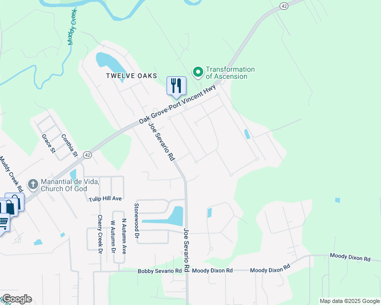 map of restaurants, bars, coffee shops, grocery stores, and more near Hoods Ridge Drive in Prairieville