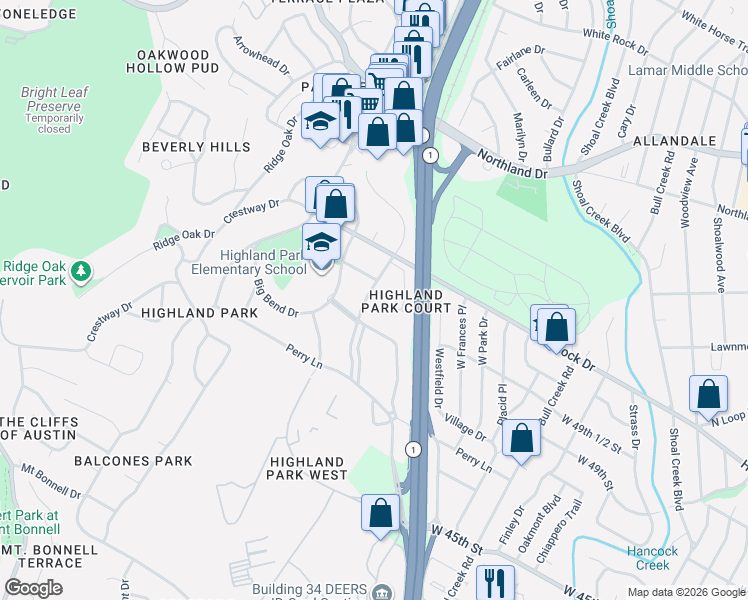 map of restaurants, bars, coffee shops, grocery stores, and more near 4905 Valley Oak Drive in Austin