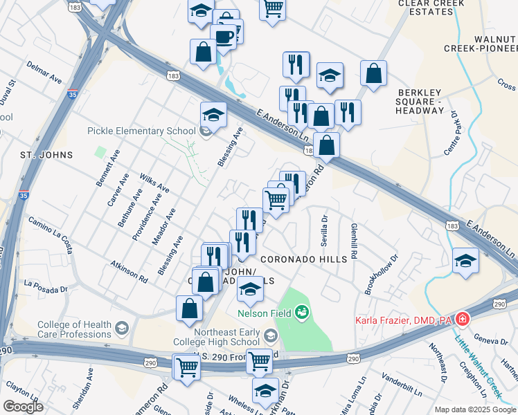 map of restaurants, bars, coffee shops, grocery stores, and more near 7400 Cameron Road in Austin