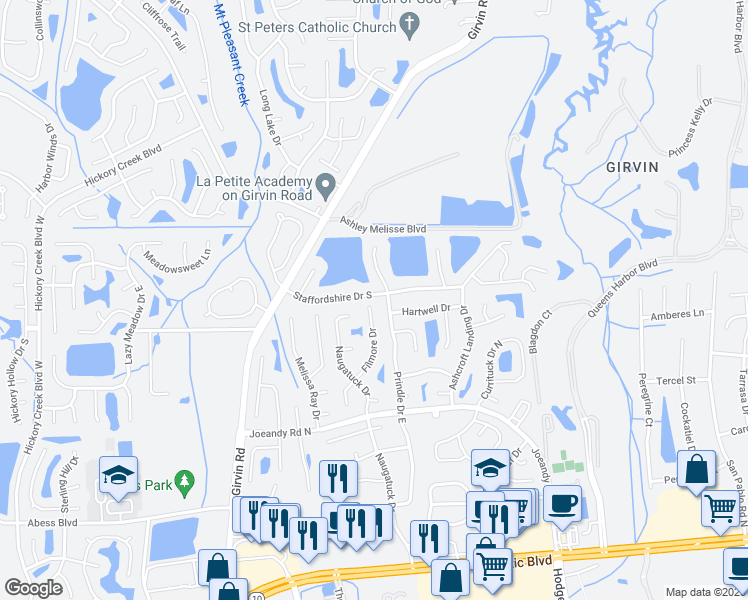 map of restaurants, bars, coffee shops, grocery stores, and more near 13054 Staffordshire Drive South in Jacksonville