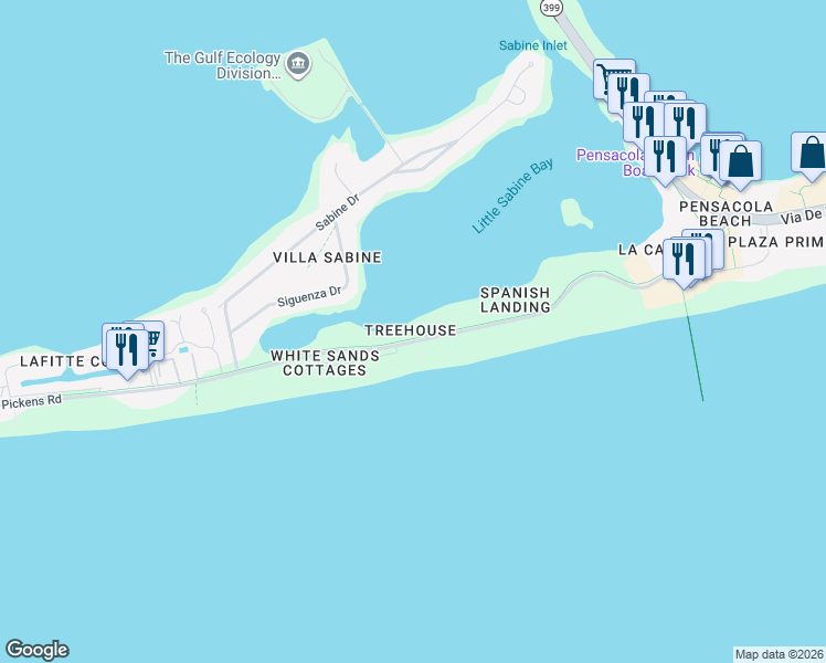 map of restaurants, bars, coffee shops, grocery stores, and more near 374 Fort Pickens Road in Pensacola Beach