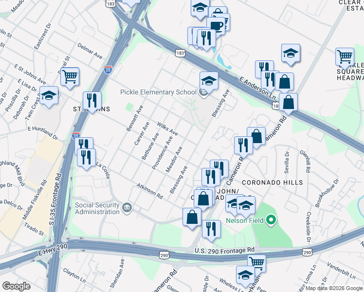map of restaurants, bars, coffee shops, grocery stores, and more near 1109 Wilks Avenue in Austin
