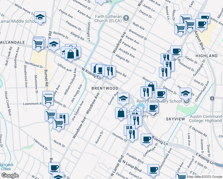 map of restaurants, bars, coffee shops, grocery stores, and more near 1301 West Koenig Lane in Austin
