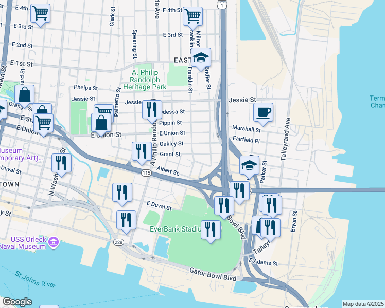 map of restaurants, bars, coffee shops, grocery stores, and more near Grant Street in Jacksonville