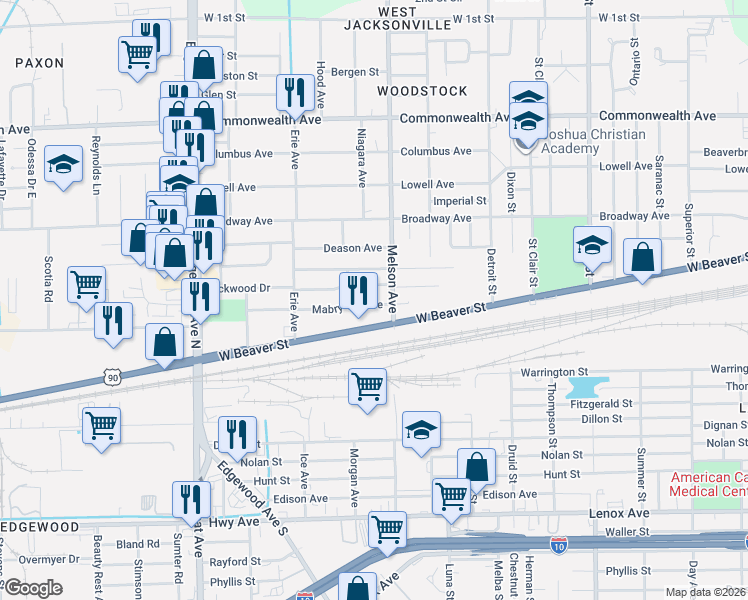 map of restaurants, bars, coffee shops, grocery stores, and more near 3226 Mabry Terrace in Jacksonville