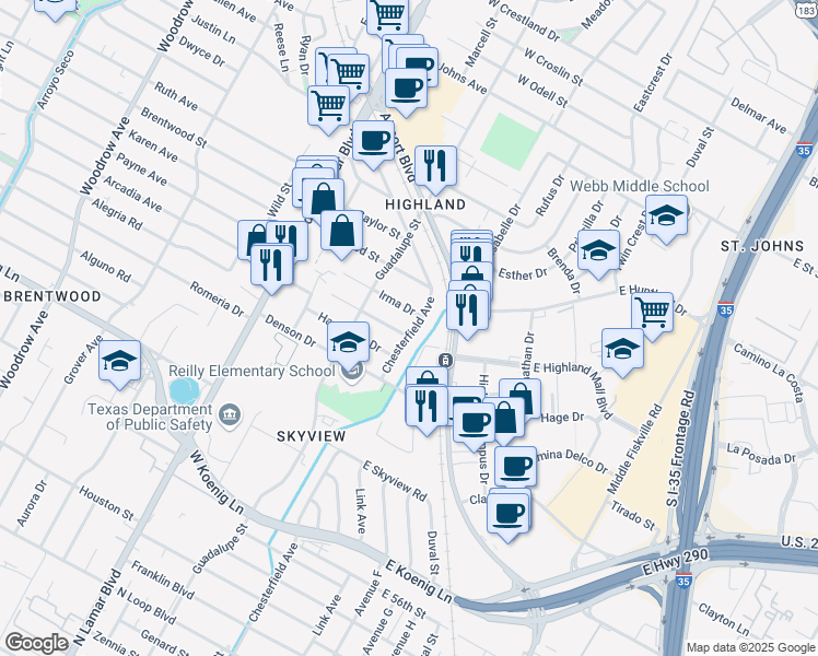 map of restaurants, bars, coffee shops, grocery stores, and more near 303 Irma Drive in Austin