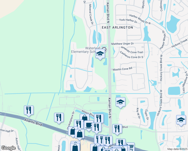 map of restaurants, bars, coffee shops, grocery stores, and more near 523 Roserush Lane in Jacksonville