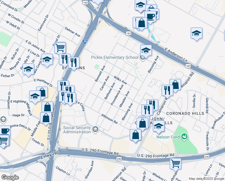 map of restaurants, bars, coffee shops, grocery stores, and more near 7109 Bethune Avenue in Austin